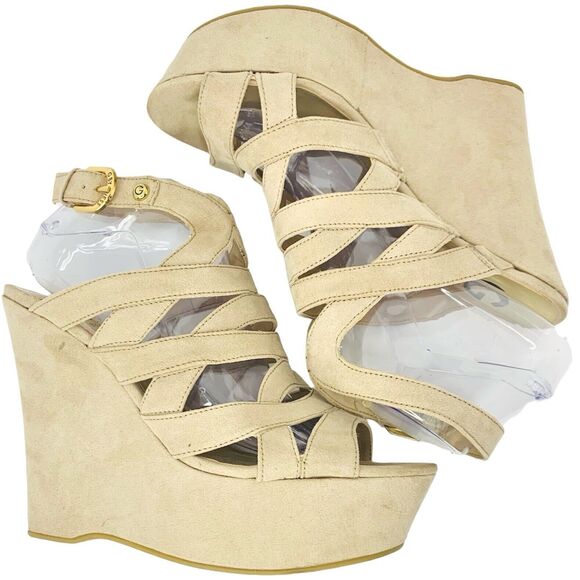 G by Guess Hampton Faux Suede Platform Wedge Sandal Size 9.5 Beige Light Tan - Picture 5 of 11